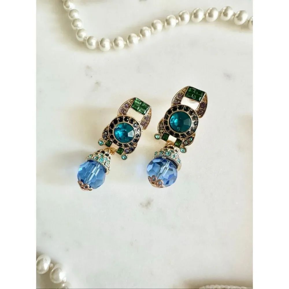 Regal style light blue teardrop beaded rhinestone dangle earrings